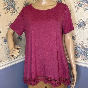 QIXING Short Sleeve Lace Trim Flower Top Red Tunic Blouse, Size L, NWT